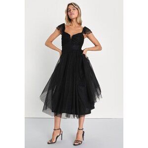 Lulus Flirtatious Feeling Black Tulle Flutter Sleeve A-line Midi Dress, SMALL